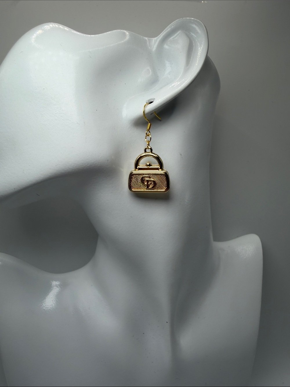 1470. Gold Handbag Charm Drop Earrings